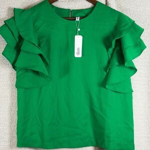 GLAM Ruffled Crew Neck Blouse Flutter Sleeve Chic Emerald Green Boutique NWT
